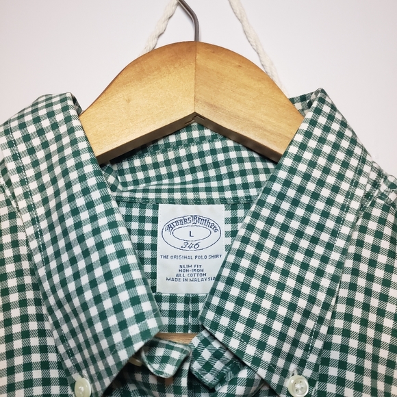 BROOKS BROTHERS / MENS DRESS SHIRT / CHECKERED GREEN & WHITE - Picture 2 of 5